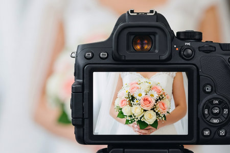 Camera screen displaying a clear image of a bride holding her bouquet of roses and daisies captured during the wedding ceremony.の素材
