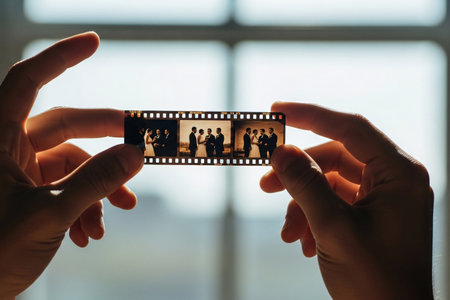Cherished wedding memory captured on a vintage negative strip held carefully in hands displaying black and white scenes for a sentimental journey into the past.の素材