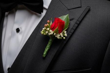 Red rose bud symbol of romantic wedding commitment attached to the groom's lapel for a classic and sentimental portrait detail.の素材