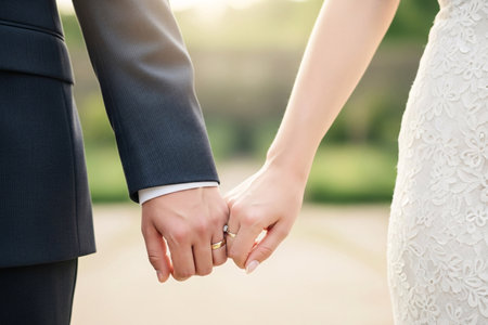 Romantic hand holding scene capturing the moment of eternal dedication and the promise of a shared future for the newlyweds.の素材