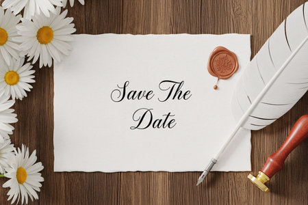 Save the date calligraphy text written on high quality paper accompanied by an antique quill pen for a distinct vintage aesthetic.の素材