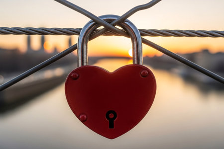 Padlock love lock symbolizing eternal romantic commitment secured onto a bridge railing against a warm sunset and blurred city view.の素材