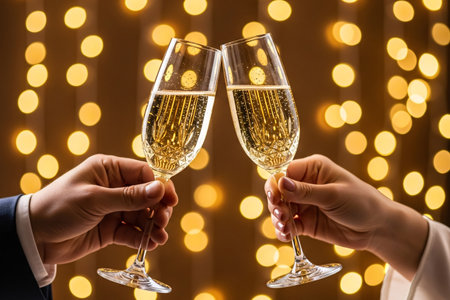 Champagne toast celebration featuring crystal flutes clinking against a soft blurred background of golden fairy lights perfect for an anniversary.の素材