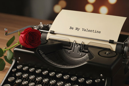 Vintage typewriter message Be My Valentine typed on slightly yellowed paper creating a nostalgic communication theme perfect for romance.の素材