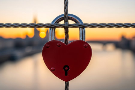 Heart shaped lock on a bridge railing at sunset representing the permanent connection and promise of a loving couple.の素材