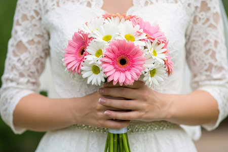 Exquisite lace wedding dress detail captured as the bride holds the bouquet against her white gown ready for the marriage celebration.の素材