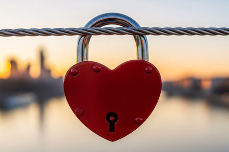 Eternal commitment lock on a bridge railing with a golden sunset glow providing a sentimental backdrop for the promise of forever.の素材
