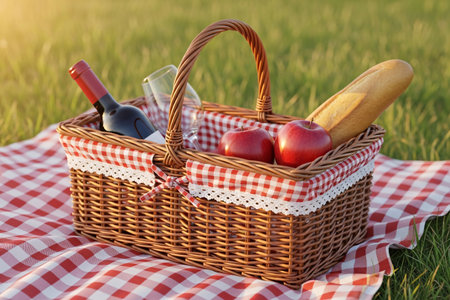 Wicker picnic basket on a blanket for a leisure summer date with a baguette and bottle of wine in the golden hour sunlight.の素材