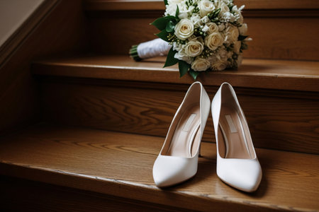 Wedding morning preparation elegant shoes placed on the old wooden staircase representing the start of the special day.の素材