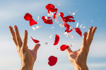 Red rose petal confetti toss against a bright blue sky demonstrating the excitement and romantic sentiment of the special day.の素材