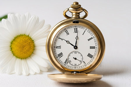 Vintage gold pocket watch representing a cherished memory snapshot featuring the classic timepiece beside a white daisy.の素材
