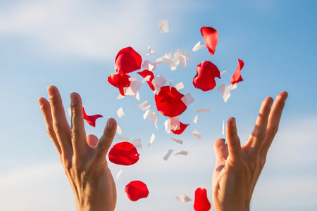 Emotional moment captured tossing petals in an outdoor wedding emphasizing the shared connection and celebration by the couple.の素材