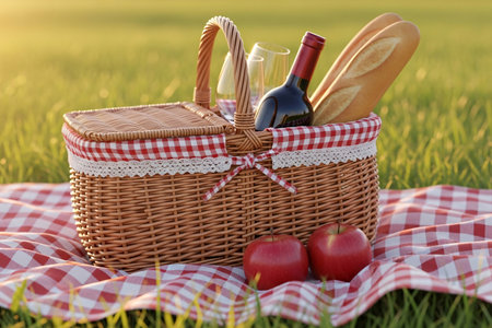 Wine bottle and picnic basket for an anniversary celebration featuring apples and bread on a checkered cloth for a romantic date.の素材