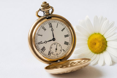 Clock time face and white daisy on vintage cloth creating a still life image representing a precious snapshot from the past.の素材