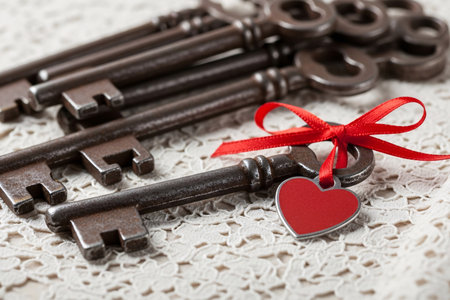 Vintage metal keys with a red ribbon heart tag for valentine's day representing commitment and a secret connection.の素材