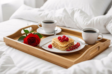 Red rose and romantic lifestyle breakfast served in bed showing heart-shaped pancakes and coffee cups for two people.の素材