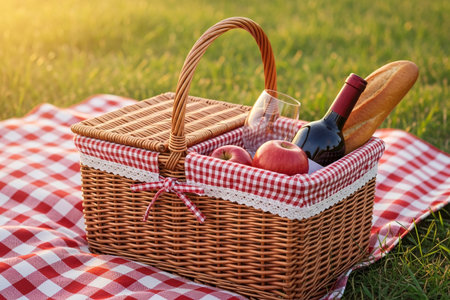 Summer relax picnic basket with a baguette on a checkered blanket symbolizing an amorous outdoor date filled with delicious food.の素材
