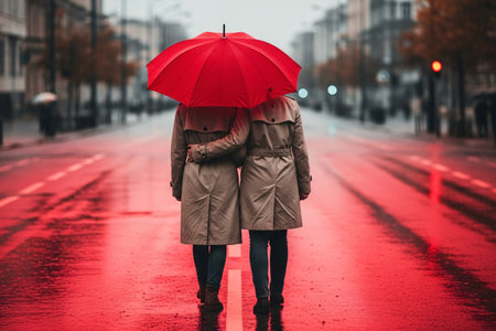 Red umbrella couple walking away down a rainy street symbolizing love and protection while weathering storms together.の素材