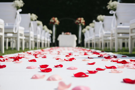 Ceremony decoration garden aisle carpet with exquisite petals ready for the bride and groom's romantic walk to the altar.の素材