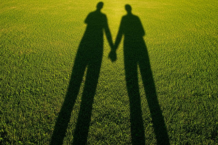 Holding hands shadow on grass outdoor romance togetherness symbolizing a cherished moment and deep emotional bond.の素材