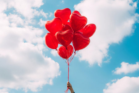 Romantic greeting red heart balloons floating into the blue sky creating a beautiful emotional backdrop for celebrations.の素材