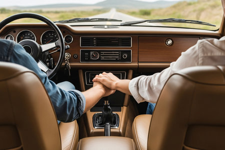 Holding hands couple driving in a vintage car road trip showing intimacy over the gear stick and tan leather interior.の素材