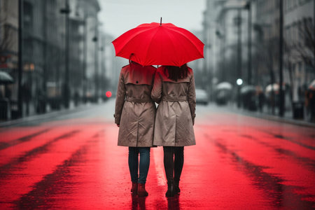 Street back view silhouette couple with a red umbrella in the rain captured with cinematic lighting and deep emotional sentiment.の素材
