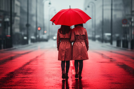 Couple walking under a red umbrella showing eternal protection against the moody grey rain and wet street reflections.の素材