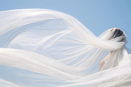 Fairy tale veil blowing in the wind symbolizing wedding beauty and the light airy feeling of the emotional ceremony.の素材