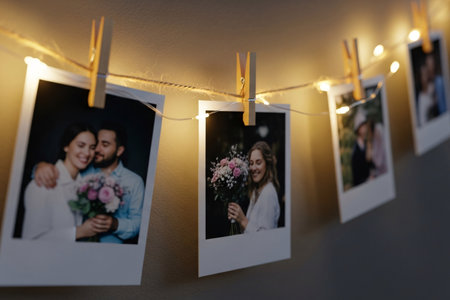 Polaroid hanging photos couple memory display with fairy lights glowing warmly against a dark wall for romantic decoration.の素材
