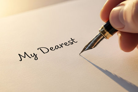 Handwriting a love letter with a vintage fountain pen on paper showing the close up detail of the nib and wet ink.の素材