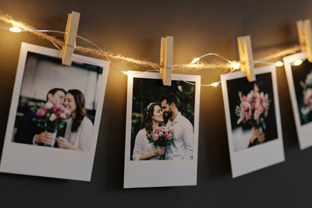 Nostalgia decor hanging filmstrip polaroids with warm fairy lights intertwined creating a cozy romantic connection.の素材