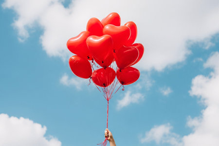 Red heart balloons flying against a blue sky romantic celebration captured with a hand holding the strings at the bottom.の素材