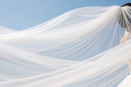 Sky background showing delicate veil fabric texture in sunlight creating a stunning abstract image of the bridal accessory.の素材