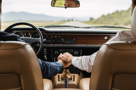 Travel road trip couple hands in an antique car snapshot captured from the back seat emphasizing their shared romantic journey.の素材