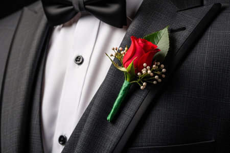 Formal tuxedo suit lapel displaying a delicate red rose wedding flower detail symbolizing the romantic fashion choice of the groom.の素材