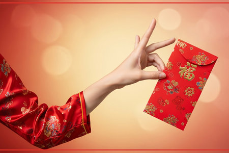 Gold motif red envelope and silk cheongsam fabric highlight the custom of giving gifts during the eastern seasonal event.の素材
