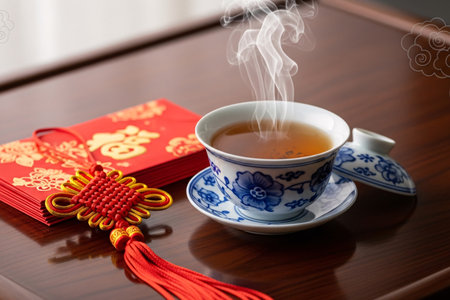 Traditional chinese greeting concept displaying a classic cup and money packets on polished wood to welcome the spring festival season.の素材