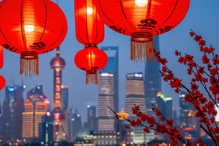 Seasonal decoration of glowing red lanterns and plum blossom celebrating the new year set against a tall building backdrop.の素材