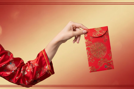 Chinese New Year fortune symbol red packet is presented by a person in traditional dress against a warm festive background.の素材