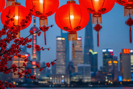 Chinese New Year celebration scene showing vibrant red ornamental lamps and meihua flowers hanging over the dark skyline.の素材