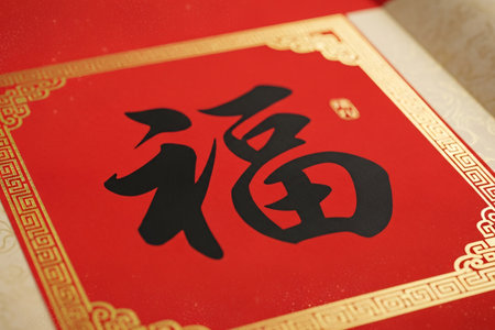 Traditional calligraphy art featuring the auspicious character Fu on a red scroll perfect for cultural celebration rituals.の素材