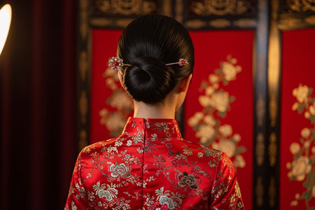 Elegant Cheongsam dress and oriental hairdo back view highlights the traditional fashion for the New Year celebration.の素材