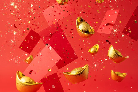Oriental money packets and gold ingots fall against vibrant paper creating a visually stunning backdrop for commercial use.の素材