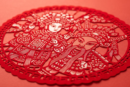 Peking opera paper cutting artwork features intricate character figures set on a textured traditional red paper surface.の素材