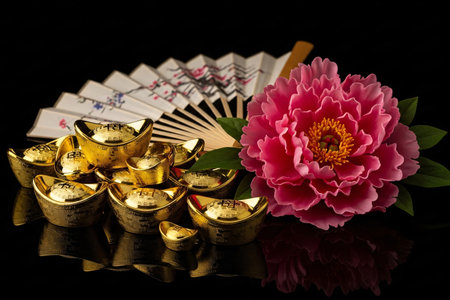 Fortune gold ingots and oriental fan still life featuring a vibrant peony ornament for the Lunar New Year event.の素材