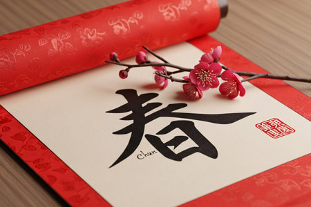 Lunar New Year decoration with calligraphy art element represents the wish for happiness and a fresh start.の素材