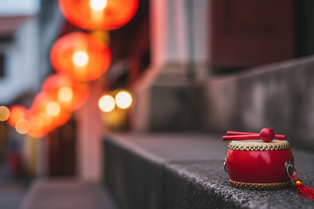 Chinese drum on a stone step captures the traditional festive atmosphere of a blurred Chinatown street scene.の素材