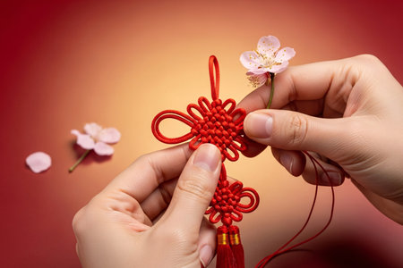 Hand tying a Chinese knot with red silk cord displays the intricate traditional craftsmanship for holiday decorating.の素材