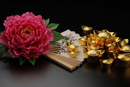 Elegant Chinese peony and gold ingots on black creates a dramatic high contrast still life symbolizing wealth and fortune.の素材